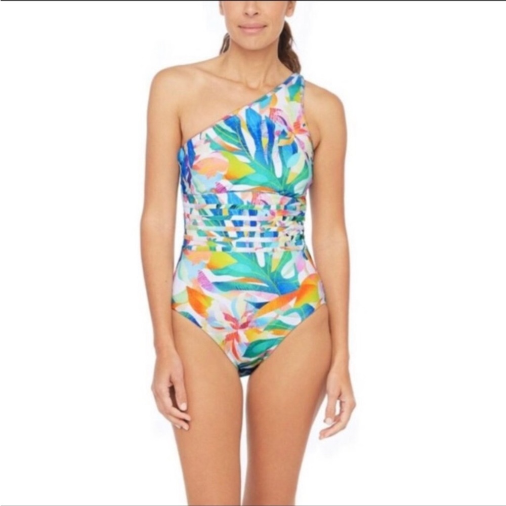 LA BLANCA Wild Tropic One Shoulder Tropical Floral Multicolor One Piece EUC 14 - Picture 5 of 10
